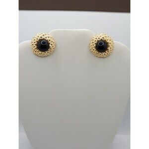 Vintage Craft Black Cabochon Gold Tone Side Bar Clip Earrings